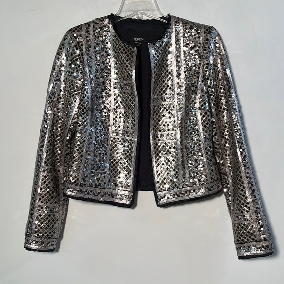 WORTH Art Deco Gold/Silver/Black Sequin Artsy Evening Crop Cocktail Jacket SZ 2